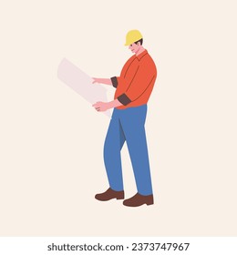 an architect looking at the plans of a house, hotel, apartment, landscaping project. wearing a red shirt and blue pants, complete with a yellow safety hat. 