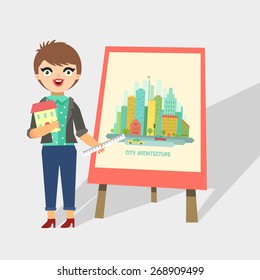 Architect making a presentation about city buildings. Vector colorful illustration in flat style. 