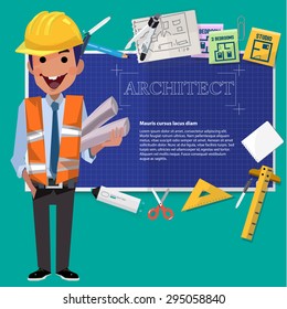 architect man with blueprint paper and tool. presentation - vector illustration