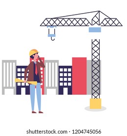 architect man with blueprints crane construction