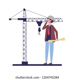 architect man with blueprints crane construction