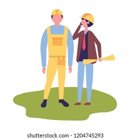 architect man with blueprints and foreman worker