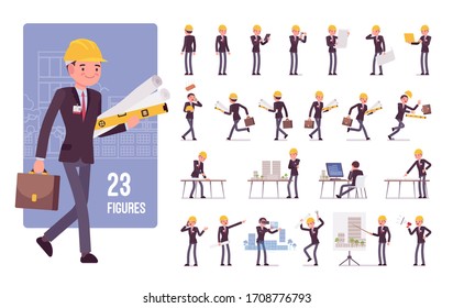 Architect man, creating design character set. Male worker with tablet, blueprints, caliper tool technical equipment on industrial house projects. Full length, different view, gestures, emotions, poses