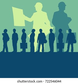 Architect man designer with protective helmet and blueprints in hands vector abstract background