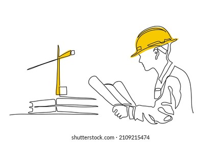 Architect man holding building plan and wearing yellow hardhat. Construction crane on background. One continuous line art drawing vector sketch of architect.