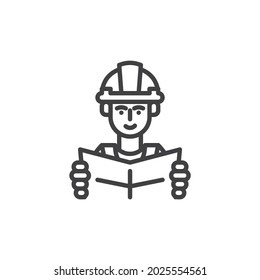 Architect man line icon. linear style sign for mobile concept and web design. Construction worker with house project outline vector icon. Symbol, logo illustration. Vector graphics