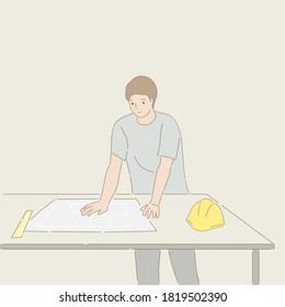 Architekt Mann auf der Suche nach Bauplan. Handziehen Sie dünne Linie Stil. Vektorgrafik.