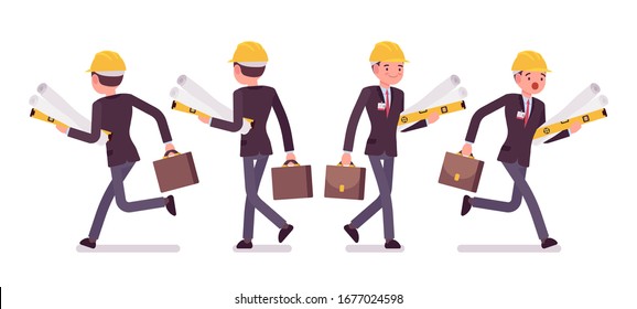 Architect man, professional creating design for buildings running. Male worker with heap of blueprint whatman scrolls in hurry at work, project control deadline. Vector flat style cartoon illustration