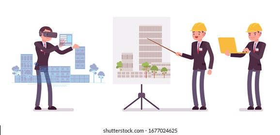 Architect man, professional creating design for buildings. Male worker making presentations, report on house project for clients, using VR platform construction. Vector flat style cartoon illustration