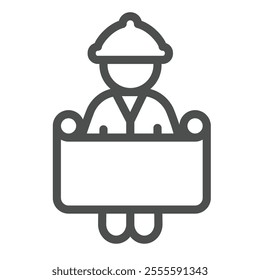Architect man with project paper line icon, construction concept. Vector graphics. Worker and project plan sign on white background, outline style icon for mobile or web design