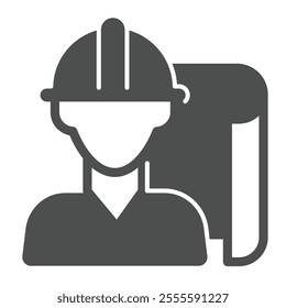Architect man project paper solid icon, architect studio concept. Vector graphics. Construction worker with project plan sign on white background, glyph style icon for mobile or web design