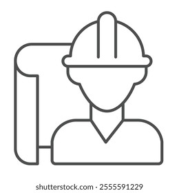 Architect man project paper thin line icon, architect studio concept. Vector graphics. Construction worker with project plan sign on white background, outline style icon for mobile or web design