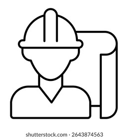 Architect man project paper thin line icon, architect studio concept. Vector graphics. Construction worker with project plan sign on white background, style mobile or design