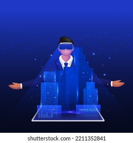Architect Man Wearing VR Headset Is Looking At Holographic Projection Of Building A City On Blue Background.