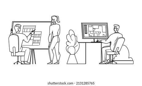 Architect Man And Woman Work At Workspace Black Line Pencil Drawing Vector. Architect Workers Drawing Construction On Paper List And On Computer Screen. Characters At Office Workplace Illustration