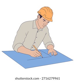 Architect man  working drawing in paper Illustration art