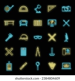 Architect material tool icons set. Outline set of architect material tool vector icons neon color on black