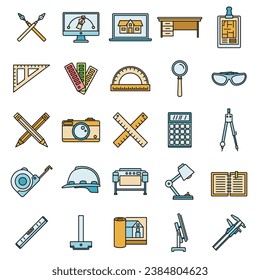 Architect material tool icons set. Outline set of architect material tool vector icons thin line color flat on white