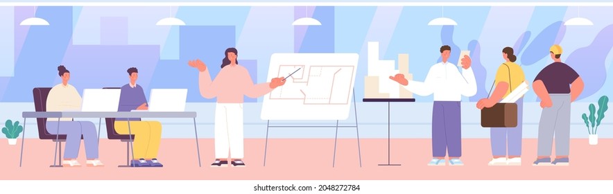 Architect meeting. Engineers in office, construction workers discuss working plan. Flat planning, team generating ideas utter vector illustration