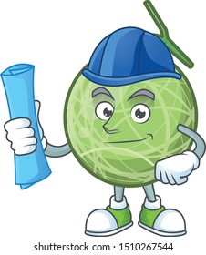Architect melon cartoon mascot on white background.