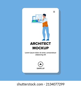 Architect Mockup Presenting Designer Man Vector. Construction Creative Agency Worker Holding Architect Mockup And Showing Client. Character Manager Presenting House Model Web Flat Cartoon Illustration