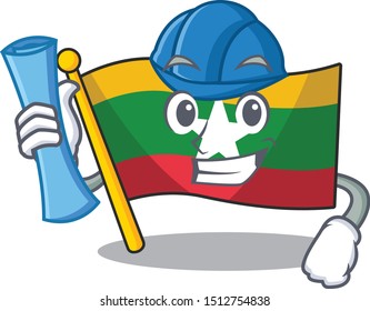 Architect Myanmar waving flag hoisted on pole, cartoon character.