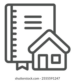 Architect notebook and house line icon, architect studio concept. Vector graphics. Notepad with cottage building sign on white background, outline style icon for mobile or web design