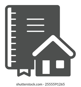 Architect notebook and house solid icon, architect studio concept. Vector graphics. Notepad with cottage building sign on white background, glyph style icon for mobile or web design