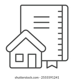 Architect notebook and house thin line icon, architect studio concept. Vector graphics. Notepad with cottage building sign on white background, outline style icon for mobile or web design