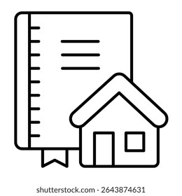 Ícone de linha fina do bloco de notas e casa do arquiteto, conceito do estúdio do arquiteto. Gráficos vetoriais. Bloco de notas com letreiro de casa de campo no fundo branco, estilo móvel ou design
