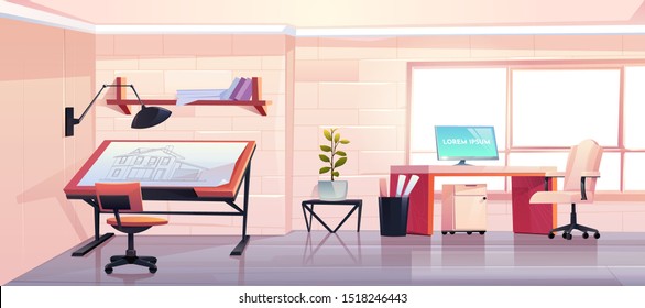 Architect Office With Blueprint. Empty Designer Studio Interior Design With Adjustable Drawing Desk, Chair And Computer. Workshop Or Engineer Room, Workspace For Artist. Cartoon Vector Illustration