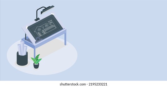 Architect Office With Blueprint. Empty Designer Studio Interior Design With Adjustable Drawing Desk, Chair And Computer. Workshop Or Engineer Room, Workspace For Artist. Cartoon Vector Illustration