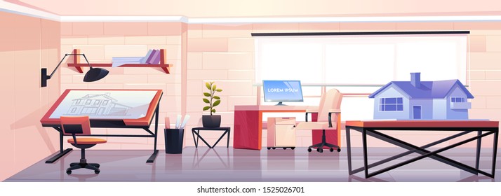 Architect office with blueprint and house mock up projection. Empty designer studio workspace interior design with adjustable drawing desk and table with building model. Cartoon vector illustration