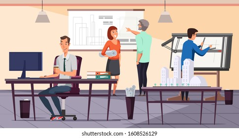 Architect office in design institute. Cartoon people engineer. House building project discussion. Work at computer and adjustable drawing desk. Workshop or engineer room. Vector flat illustration