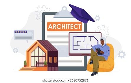 Arquitecto hombre en línea. Chico joven cerca del plano y la casa. Estructura de edificio y hogar. Arquitectura y construcción industrial, ingeniería. Ilustración vectorial plana
