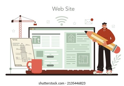 Architect online service or platform. Idea of architectural project and construction work. Scheme of house, engineer industry. Website. Flat vector illustration