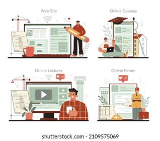 Architect online service or platform set. Idea of architectural project and construction work. Scheme of house, engineer industry. Online course, forum, lecture, website. Flat vector illustration