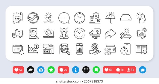 Architect plan, Lounger and Qr code line icons pack. Social media: share, comment, like icons. Sun protection, Check article, Dollar rate web icon. Vector