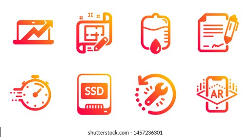 Architect plan, Sales diagram and Timer line icons set. Ssd, Signing document and Drop counter signs. Recovery tool, Augmented reality symbols. Engineering plan, Sale growth chart. Vector
