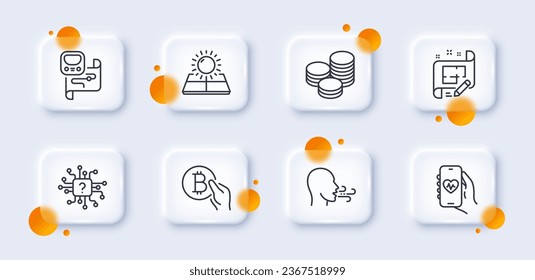 Architect Plan, Sun Energy und Metro-Karte Linie Icons Pack. 3D-Glasknöpfe mit unscharfen Kreisen. Health-App, Tipps, Atemübungs-Web-Icon. Künstliche Intelligenz, Bitcoin Piktogramm. Vektorgrafik