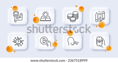 Architect plan, Sun energy and Metro map line icons pack. 3d glass buttons with blurred circles. Health app, Tips, Breathing exercise web icon. Artificial intelligence, Bitcoin pay pictogram. Vector
