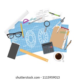 Architect planning or blueprints of mechanical unit. Top view with items and tools. Flat style vector. Engineer project. Plan on paper to build. Web banner for construction or new project and draft.
