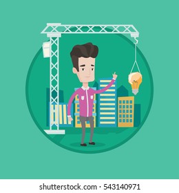 Architect pointing at idea bulb hanging on crane. Architect having idea in town planning. Concept of new ideas in architecture. Vector flat design illustration in the circle isolated on background.