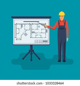 Architect presentation of project building house. Shows building drawing on blackboard. Architecture planning construction home. Technical project. Vector flat design. Isolated background