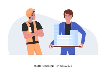 Architect presenting building project. Construction worker, builder team flat vector illustration