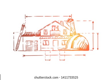 Architect profession attributes, cottage plan, hard hat, estate facade schematics, construction project. Residential building blueprint, dwelling house concept sketch. Hand drawn vector illustration