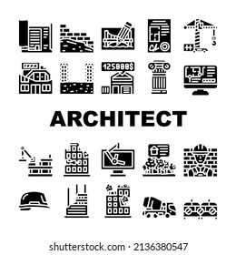 Architect Professional Occupation Icons Set Vector. Architect Pencil For Create Plan Blueprint And Computer Software, Documentation Helmet, Truck Crane For Building Glyph Pictograms Black Illustration