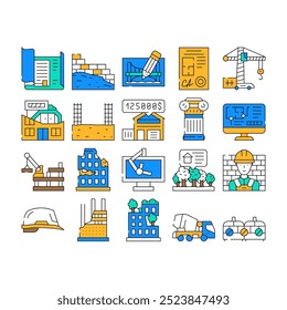 Architect Professional Occupation Icons Set Vector. Architect Pencil For Create Plan Blueprint And Computer Software, Documentation And Helmet, Truck And Crane For Building color Contour Illustrations