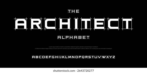 Architect project font, technical draw style alphabet. Geometrical typography. Wireframe letters, typographic design with draft strokes for architecture logo and headline. Isolated vector typeset
