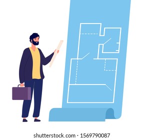 Architect with project. Vector man engineer character. Professional architect and drawing illustration